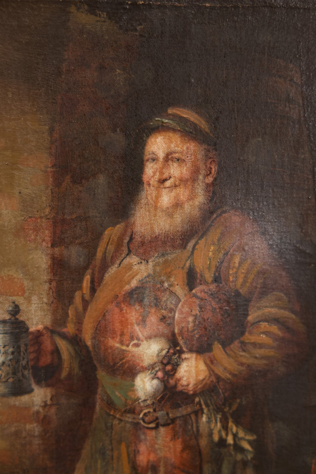 Lot 013 - Antique Painting On Canvas Of A Jolly Monk Friar Holding A Beer Stein, Vegetables, Done After An Earlier Work, In Frame, Attributed To J. Newcomb, 12" x 14"