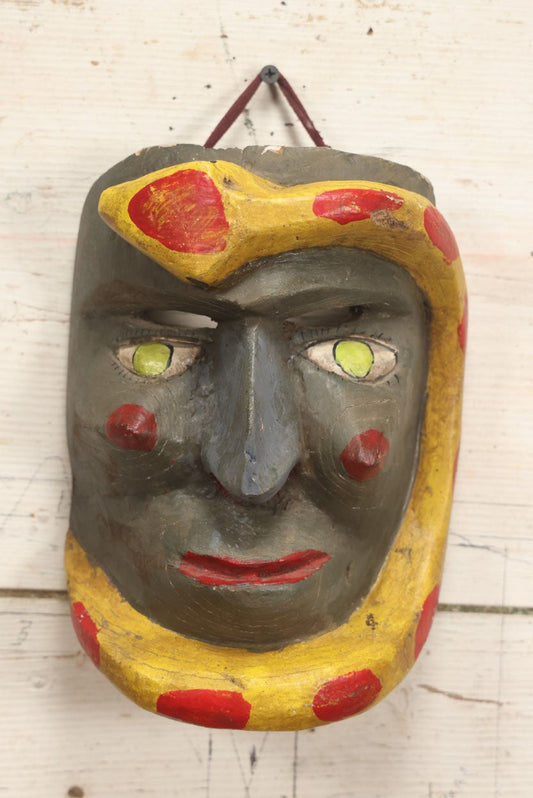 Lot 016 - Vintage Mexican Folk Art Carved Wooden Mask Of A Gray Face With A Snake Wrapped Around It, Wall Hanger, Green Eyes