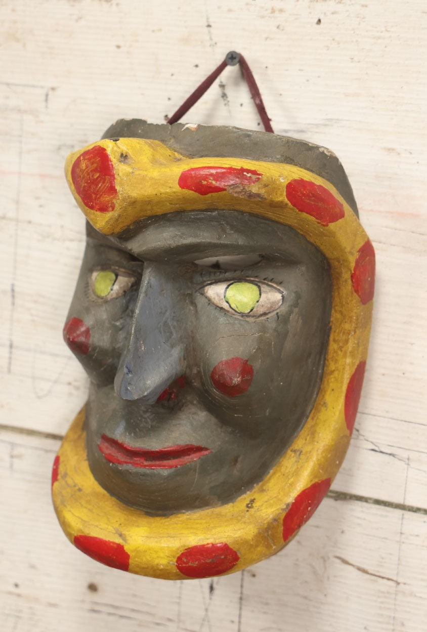 Lot 016 - Vintage Mexican Folk Art Carved Wooden Mask Of A Gray Face With A Snake Wrapped Around It, Wall Hanger, Green Eyes