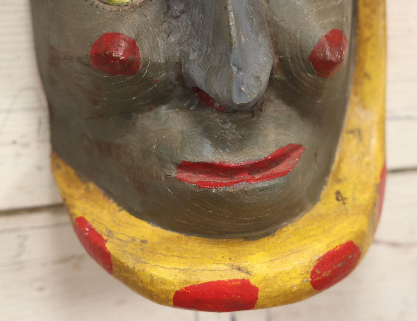 Lot 016 - Vintage Mexican Folk Art Carved Wooden Mask Of A Gray Face With A Snake Wrapped Around It, Wall Hanger, Green Eyes