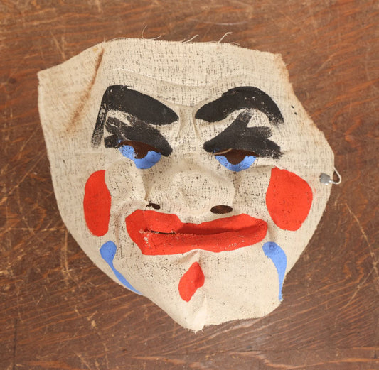 Lot 018 - Vintage Gauze Canvas Fabric Halloween Mask, White Face With Red, Blue, And Black Coloring, Clown