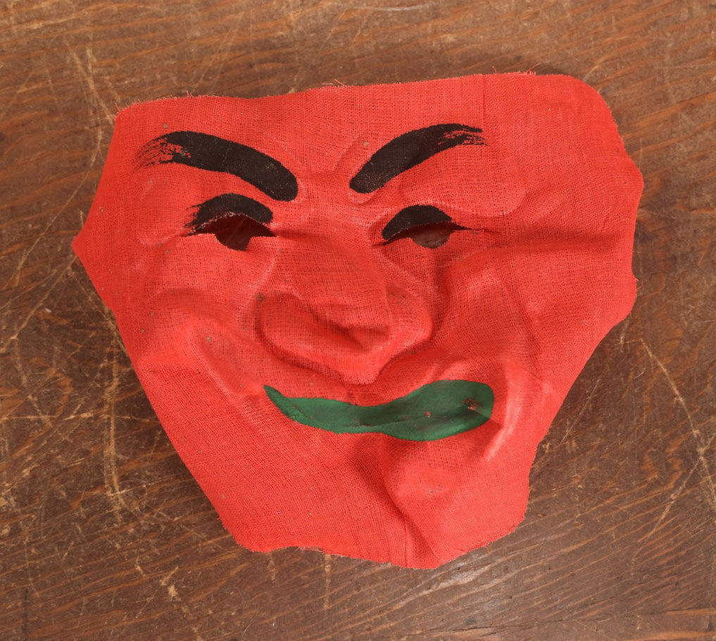 Lot 019 - Vintage Gauze Canvas Fabric Halloween Mask, Red Face With Green Lips, Black Eyebrows