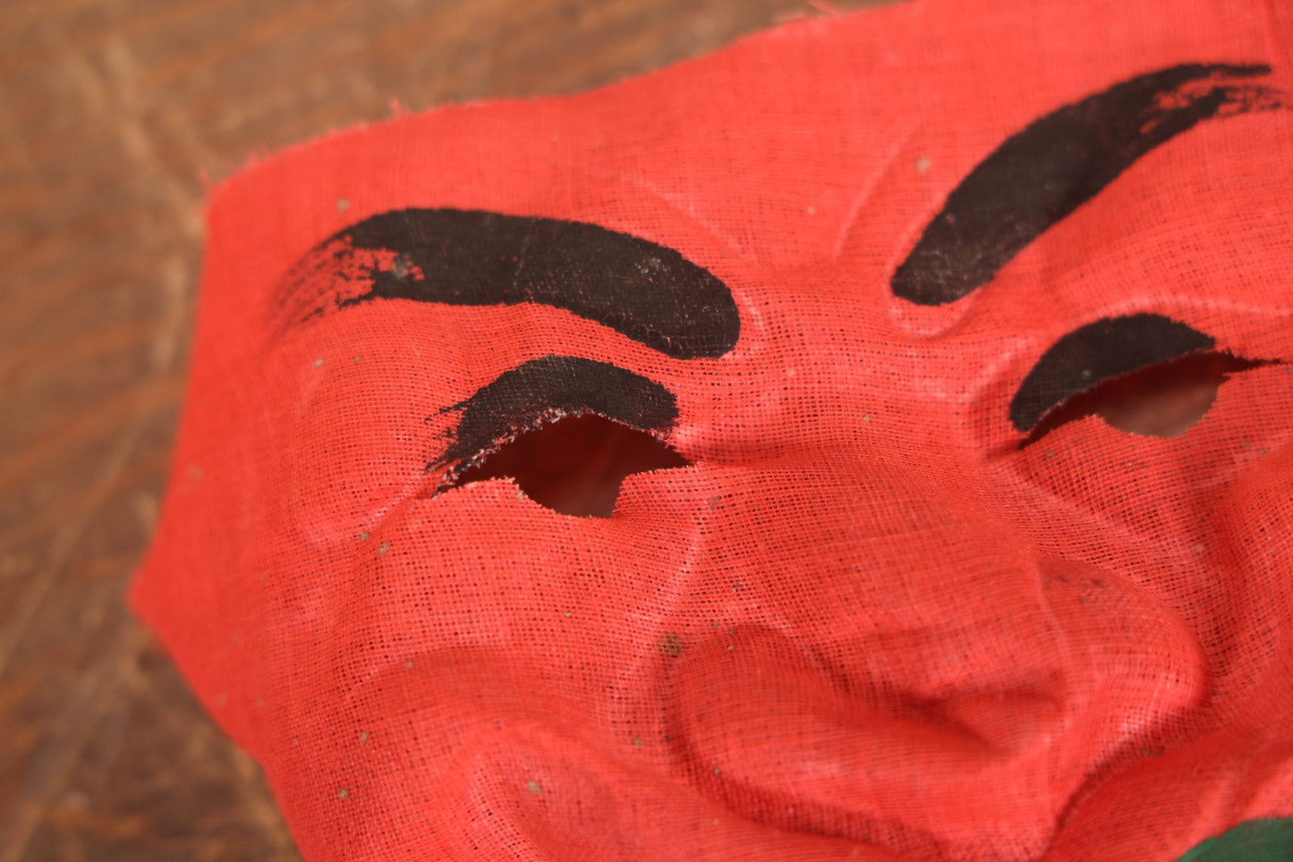 Lot 019 - Vintage Gauze Canvas Fabric Halloween Mask, Red Face With Green Lips, Black Eyebrows