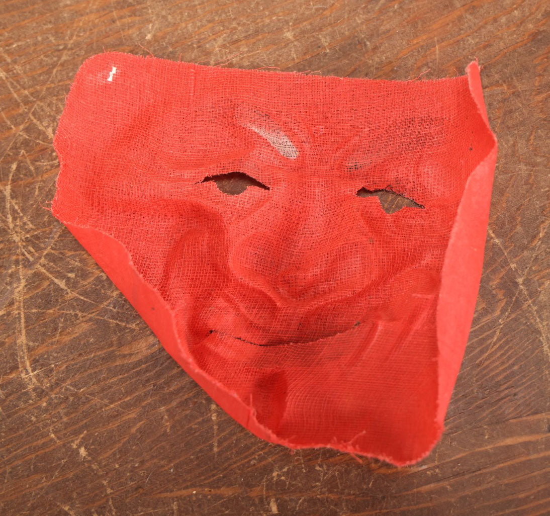 Lot 019 - Vintage Gauze Canvas Fabric Halloween Mask, Red Face With Green Lips, Black Eyebrows