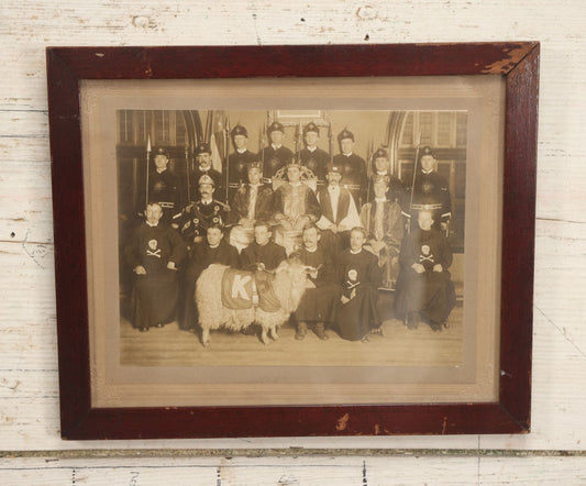 Lot 020 - Antique Boarded Group Photo, Fraternal Gathering, Likely Knights Of Pythias, With Goat And Skull And Crossbones Scene Bearers Robes, In Frame, 11-1/4" x 9-1/4"