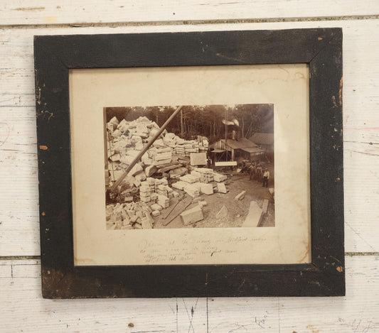 Lot 021 - Antique Occupational Photo Of A Group Of Quarrymen And Apparatus At A Quarry In Milford, Massachusetts, With Handwritten Inscription, 14-3/4" x 13"