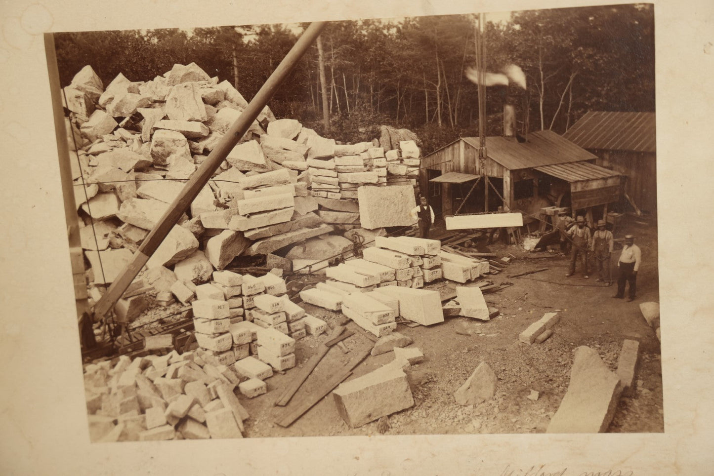 Lot 021 - Antique Occupational Photo Of A Group Of Quarrymen And Apparatus At A Quarry In Milford, Massachusetts, With Handwritten Inscription, 14-3/4" x 13"