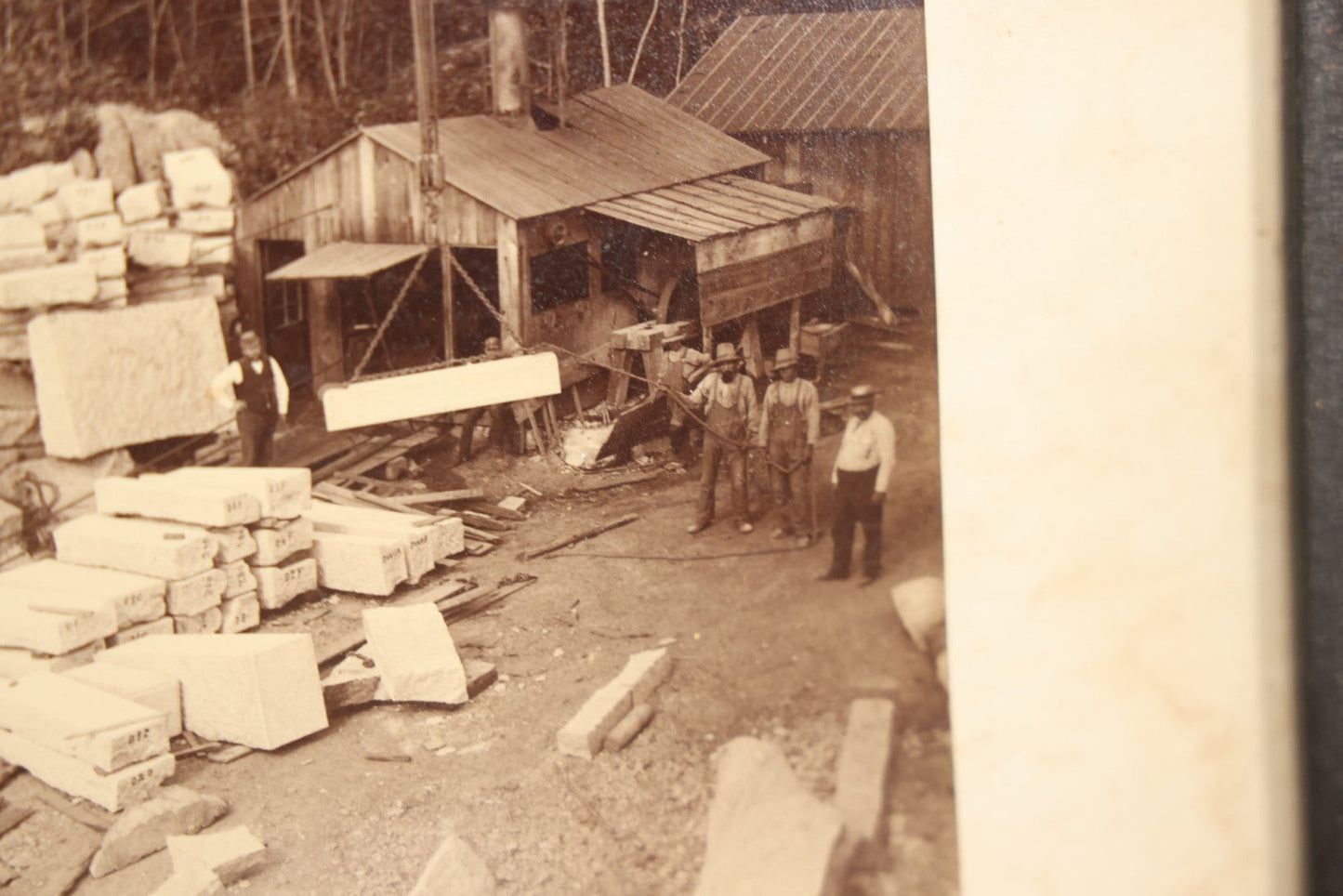 Lot 021 - Antique Occupational Photo Of A Group Of Quarrymen And Apparatus At A Quarry In Milford, Massachusetts, With Handwritten Inscription, 14-3/4" x 13"