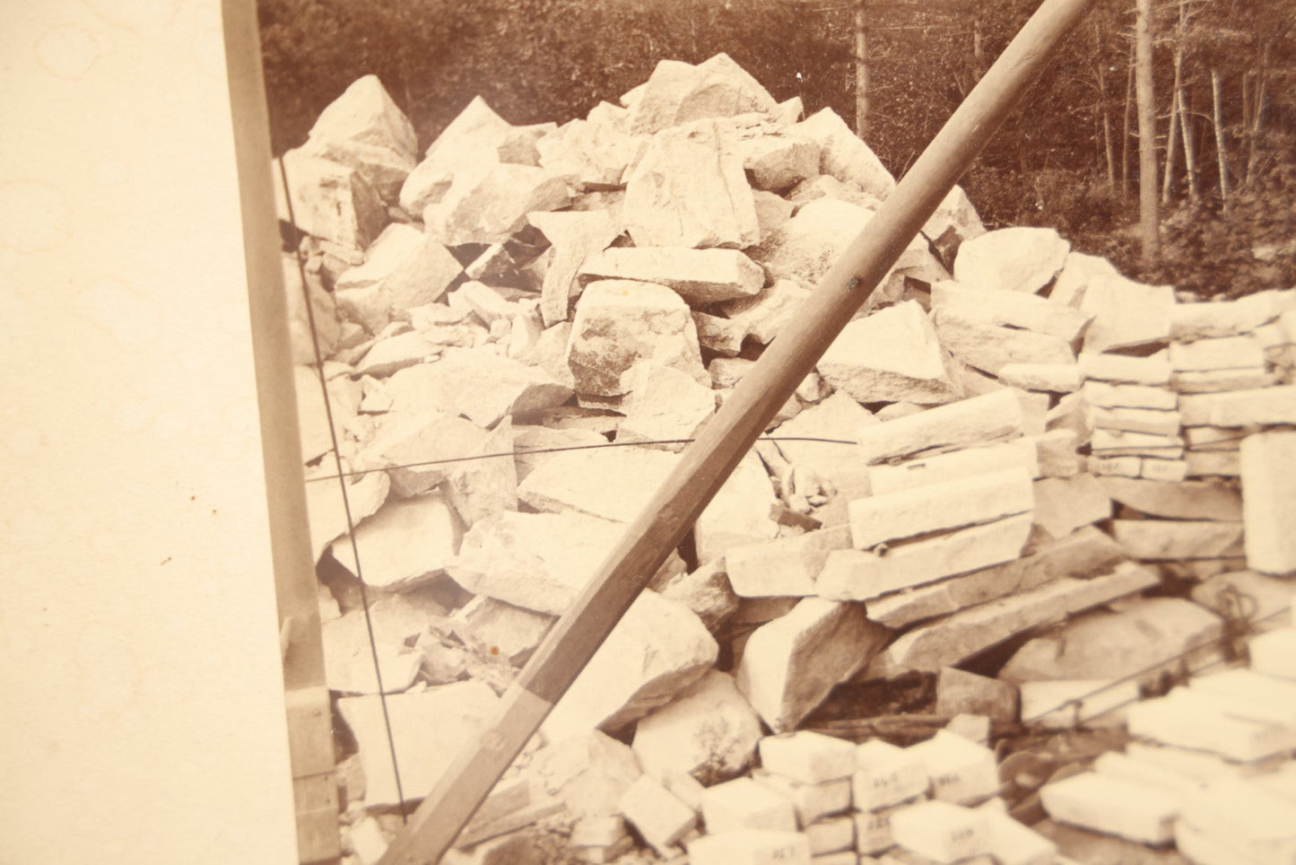 Lot 021 - Antique Occupational Photo Of A Group Of Quarrymen And Apparatus At A Quarry In Milford, Massachusetts, With Handwritten Inscription, 14-3/4" x 13"