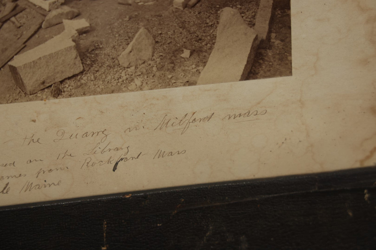 Lot 021 - Antique Occupational Photo Of A Group Of Quarrymen And Apparatus At A Quarry In Milford, Massachusetts, With Handwritten Inscription, 14-3/4" x 13"