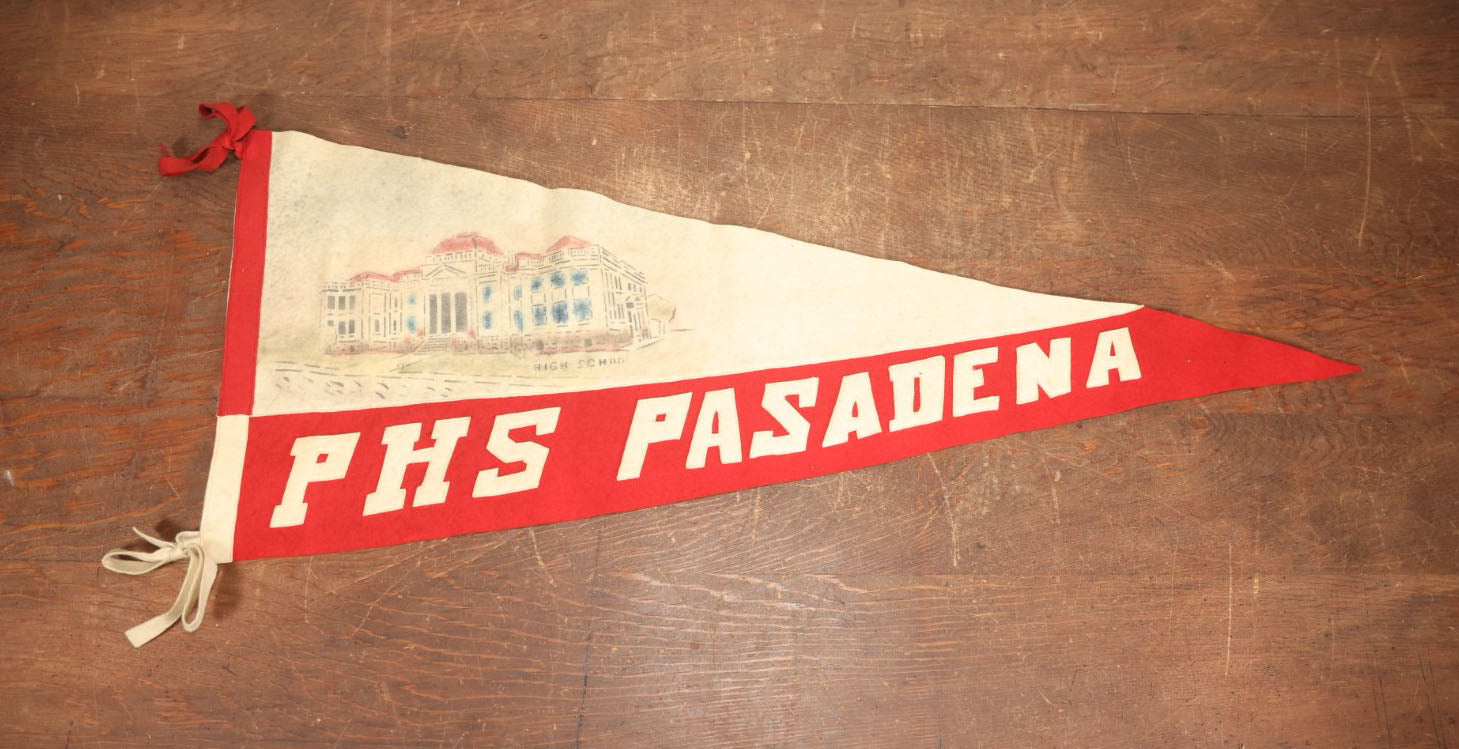 Lot 027 - Vintage 34" Pasadena High School P.H.S. Felt Pennant, Pasadena California, With Stitched Letters And Print Of High School Building