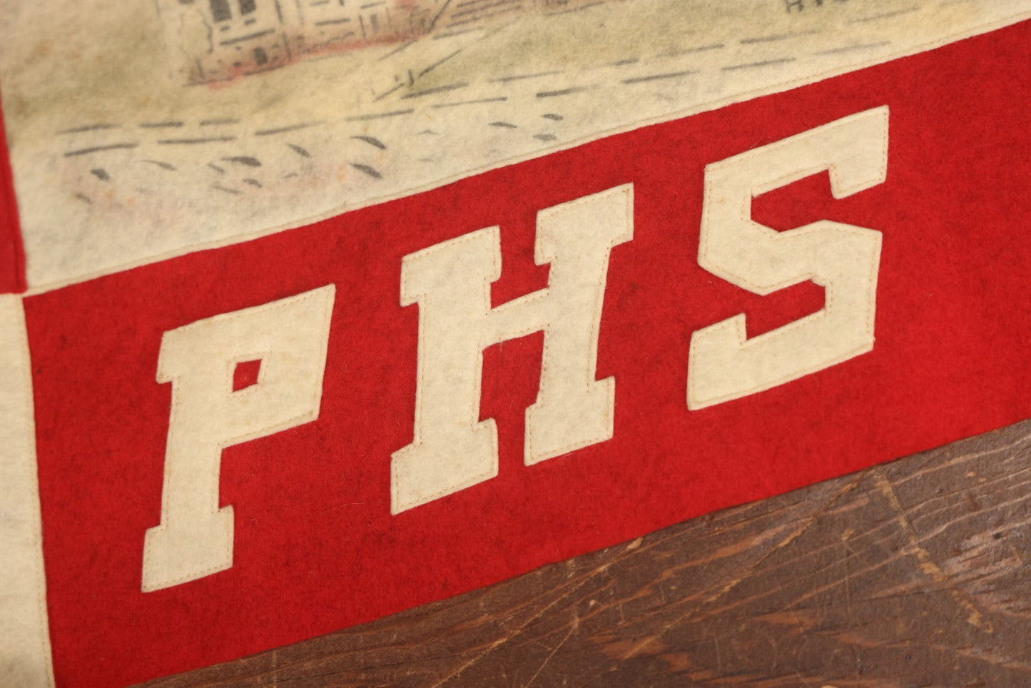 Lot 027 - Vintage 34" Pasadena High School P.H.S. Felt Pennant, Pasadena California, With Stitched Letters And Print Of High School Building