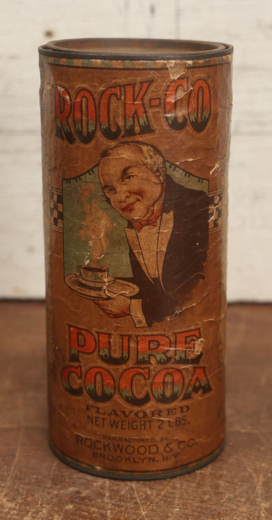 Lot 029 - Vintage Rock-Co Pure Cocoa Hot Flavored Hot Chocolate Cocoa Tin With Paper Label, Rockwood & Co., Broadway, New York City