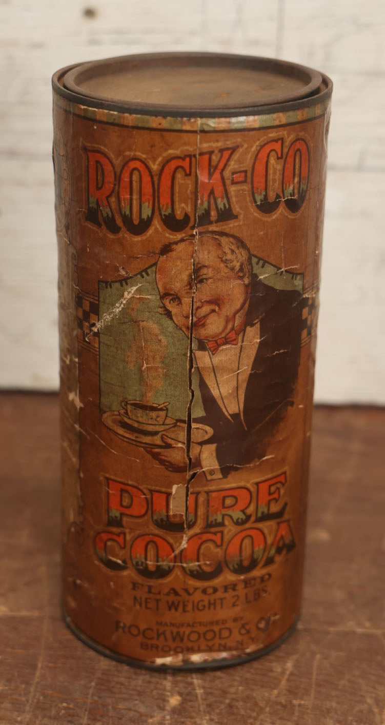 Lot 029 - Vintage Rock-Co Pure Cocoa Hot Flavored Hot Chocolate Cocoa Tin With Paper Label, Rockwood & Co., Broadway, New York City