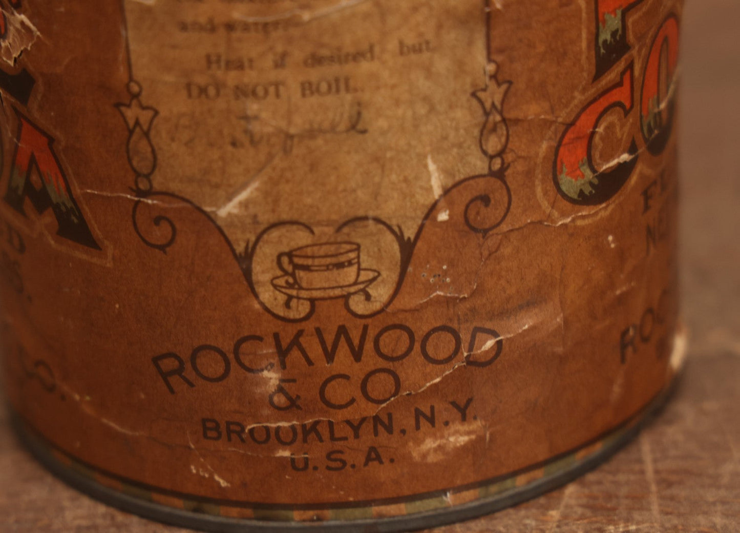 Lot 029 - Vintage Rock-Co Pure Cocoa Hot Flavored Hot Chocolate Cocoa Tin With Paper Label, Rockwood & Co., Broadway, New York City