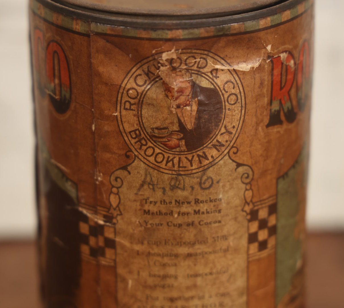 Lot 029 - Vintage Rock-Co Pure Cocoa Hot Flavored Hot Chocolate Cocoa Tin With Paper Label, Rockwood & Co., Broadway, New York City