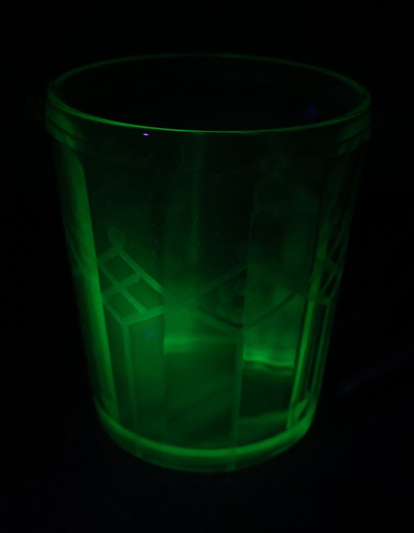 Lot 030 - Vintage Green Depression Uranium Vaseline Glass Ice Bucket, Glows Under Black Light / U.V. Light, With Silvertone Handle, Etched Design