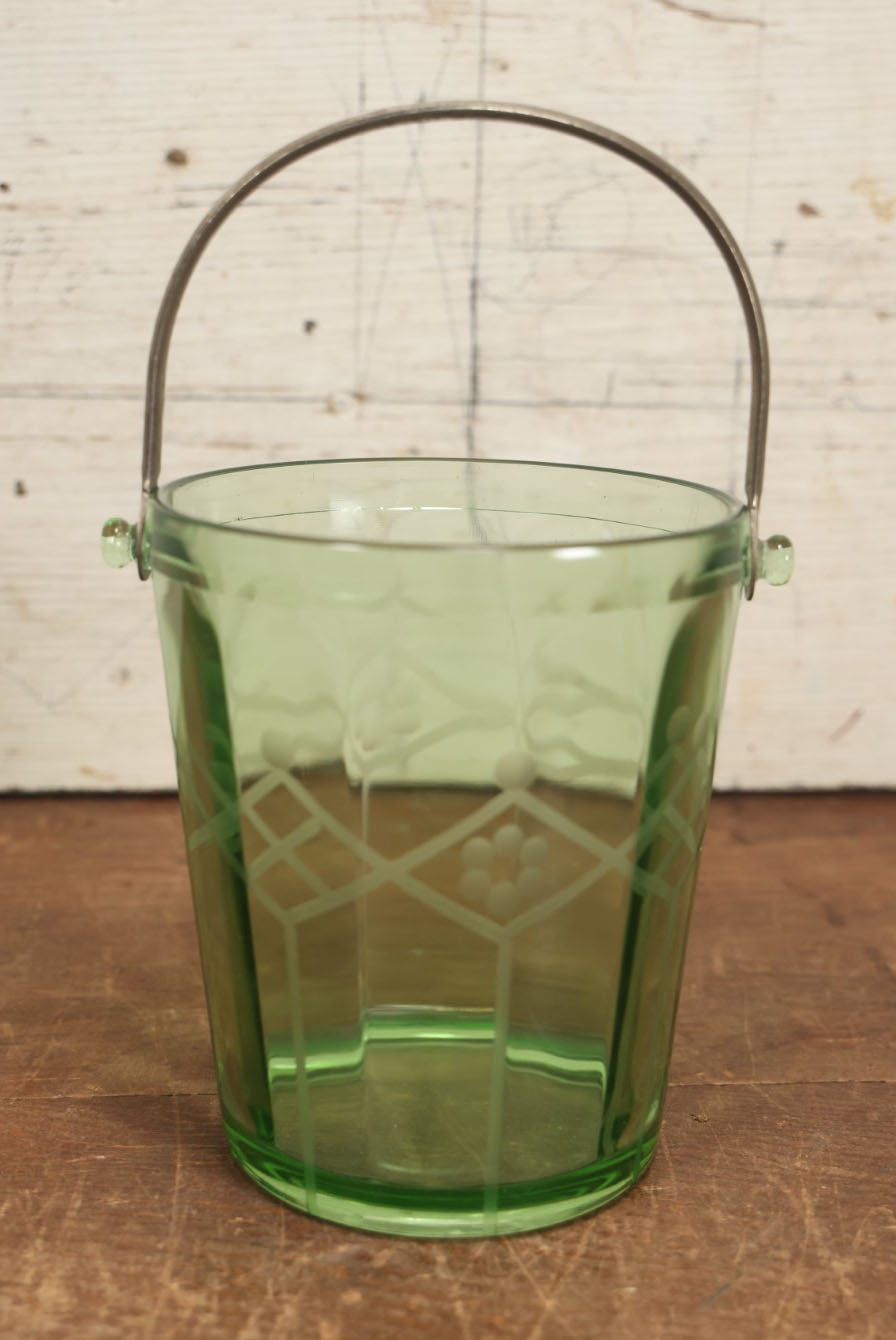 Lot 030 - Vintage Green Depression Uranium Vaseline Glass Ice Bucket, Glows Under Black Light / U.V. Light, With Silvertone Handle, Etched Design