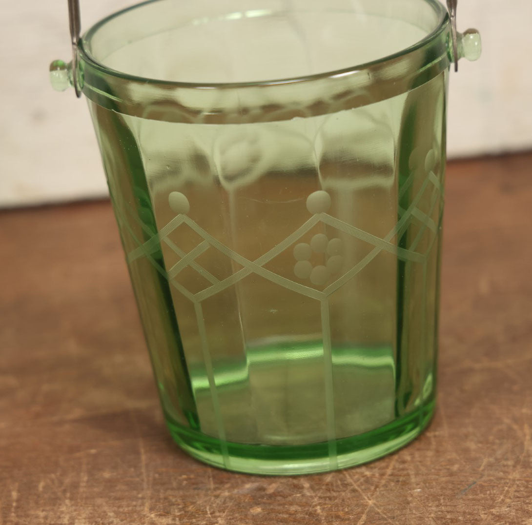 Lot 030 - Vintage Green Depression Uranium Vaseline Glass Ice Bucket, Glows Under Black Light / U.V. Light, With Silvertone Handle, Etched Design