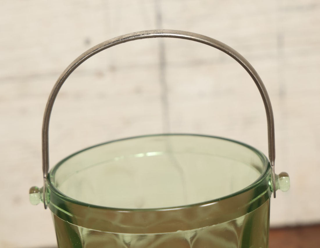 Lot 030 - Vintage Green Depression Uranium Vaseline Glass Ice Bucket, Glows Under Black Light / U.V. Light, With Silvertone Handle, Etched Design