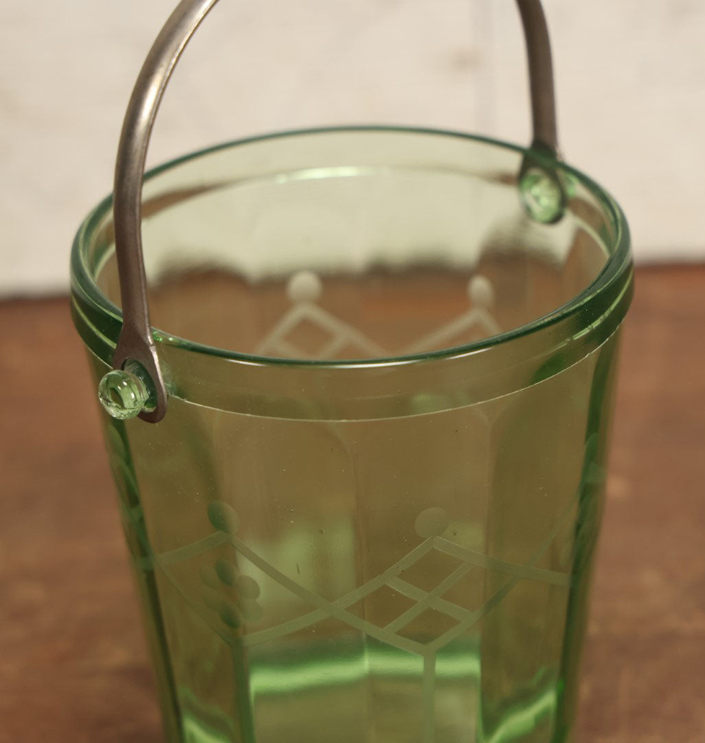 Lot 030 - Vintage Green Depression Uranium Vaseline Glass Ice Bucket, Glows Under Black Light / U.V. Light, With Silvertone Handle, Etched Design