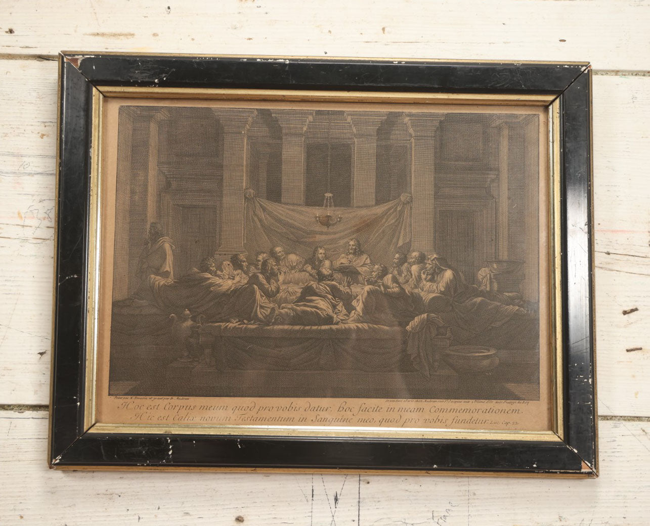 Lot 032 - Antique Christian Religious Print, Jesus Serving Eucharist, Last Supper, French Engraving After Nicolas Poussin's "The Seven Sacraments II: Eucharist" (1647), In Frame