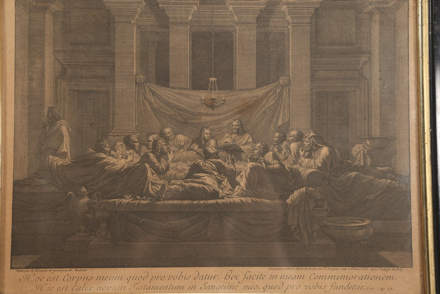 Lot 032 - Antique Christian Religious Print, Jesus Serving Eucharist, Last Supper, French Engraving After Nicolas Poussin's "The Seven Sacraments II: Eucharist" (1647), In Frame