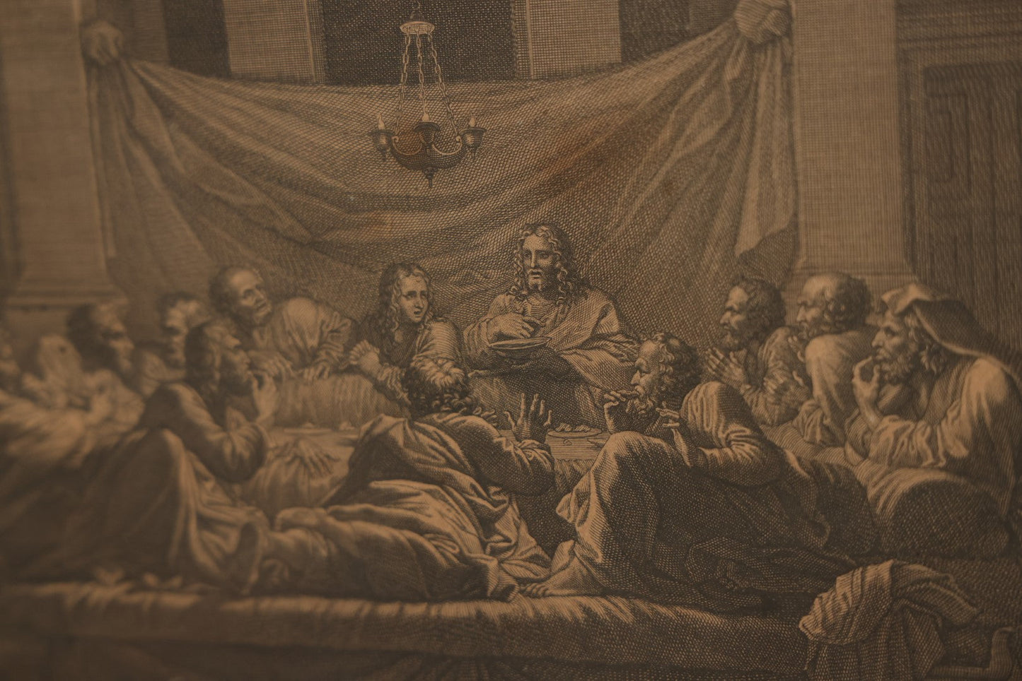 Lot 032 - Antique Christian Religious Print, Jesus Serving Eucharist, Last Supper, French Engraving After Nicolas Poussin's "The Seven Sacraments II: Eucharist" (1647), In Frame