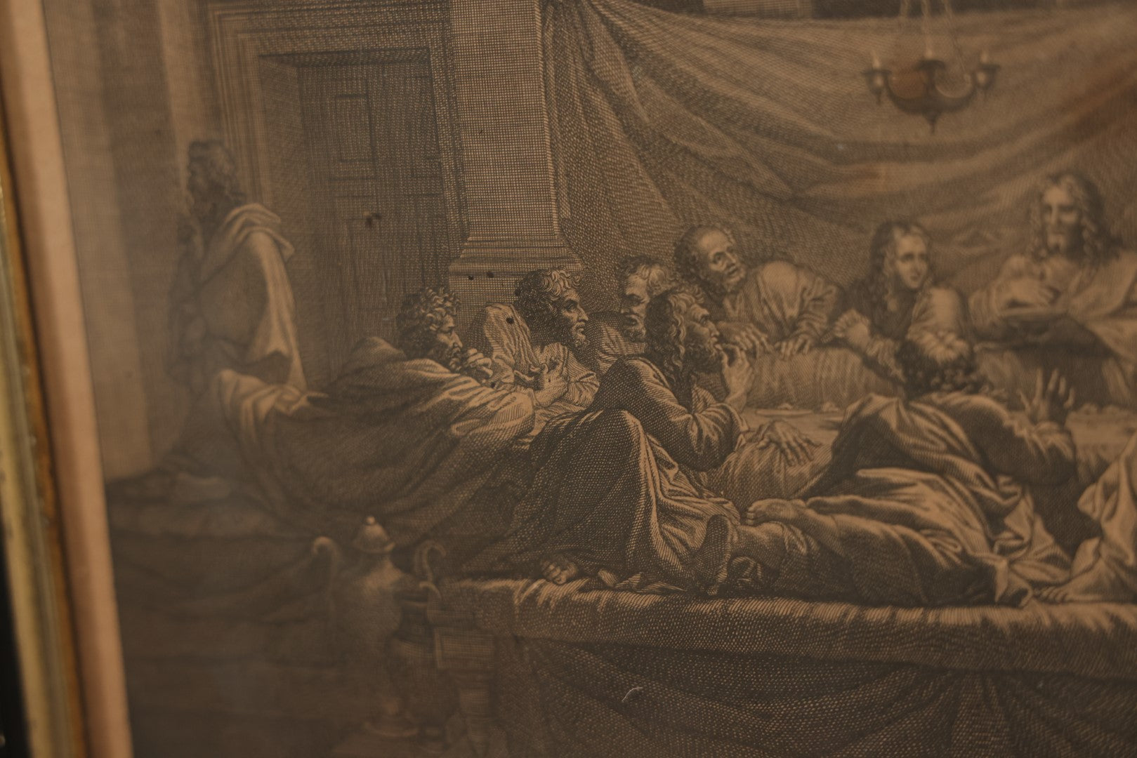 Lot 032 - Antique Christian Religious Print, Jesus Serving Eucharist, Last Supper, French Engraving After Nicolas Poussin's "The Seven Sacraments II: Eucharist" (1647), In Frame