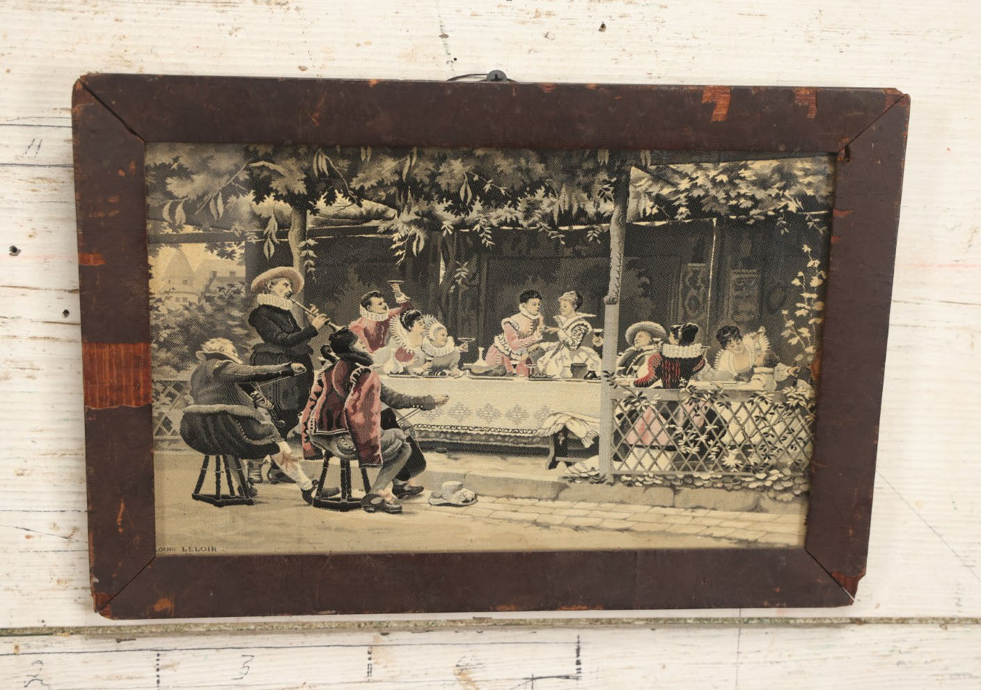 Lot 033 - Antique French Silk Embroidered Fabric Depicting A Marriage Proposal, People In Fancy Dress, After Alexandre-Louis Leloir's "The Engagement", Framed