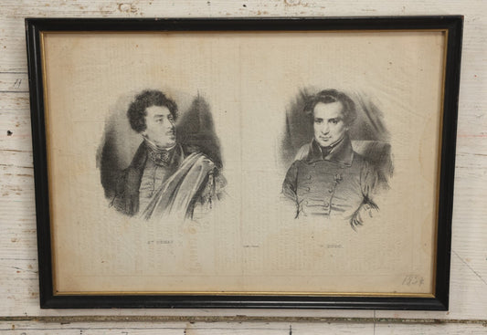 Lot 034 - Antique French Clipping Print Of Authors Alexandre Dumas And Victor Hugo, In Frame With Double Glass, Lithographed By Junca, Circa 1834