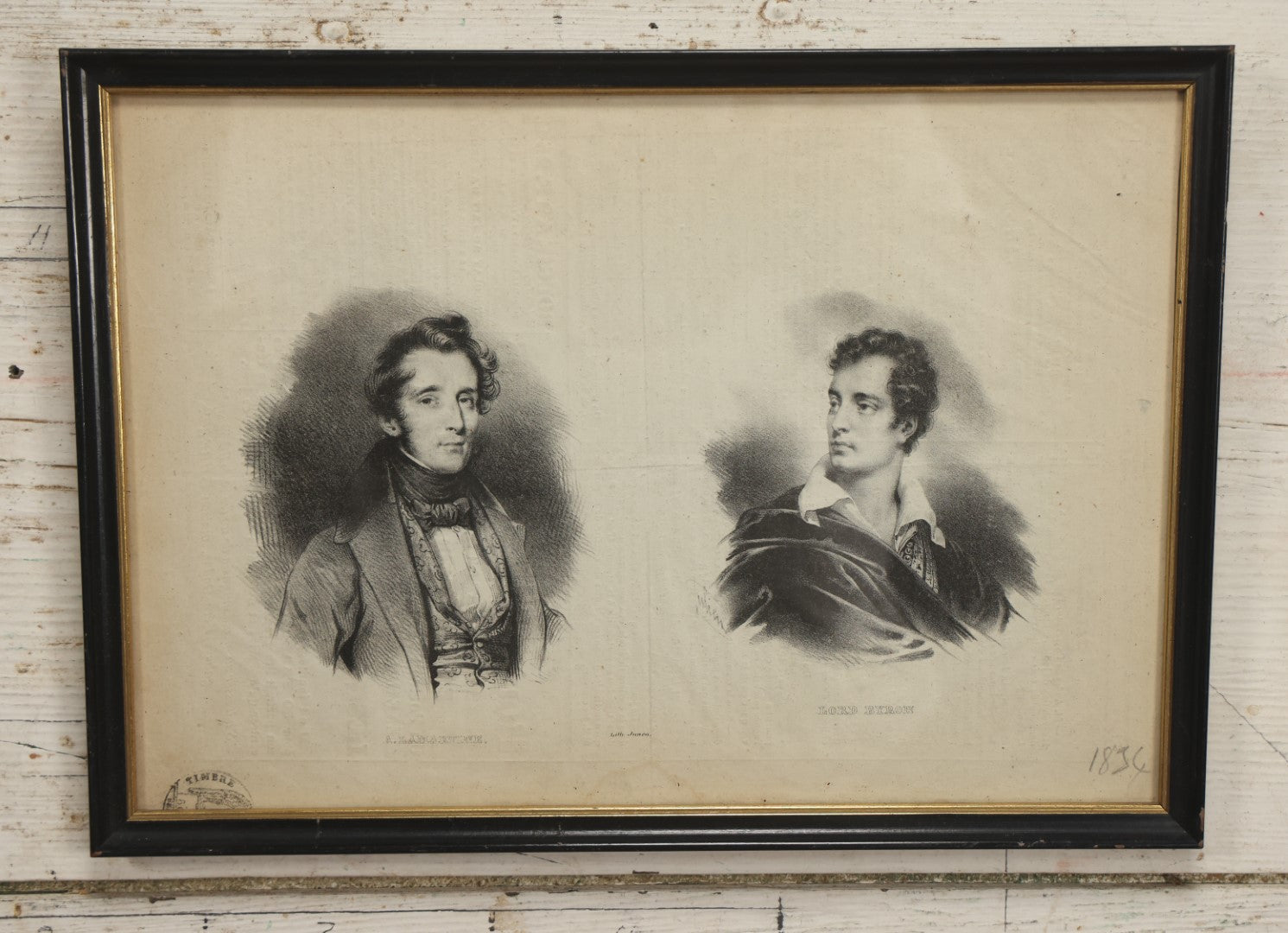 Lot 035 - Antique French Clipping Print Of Authors Alphonse De Lamartine And Lord Byron, In Frame With Double Glass, Lithographed By Junca, Circa 1834