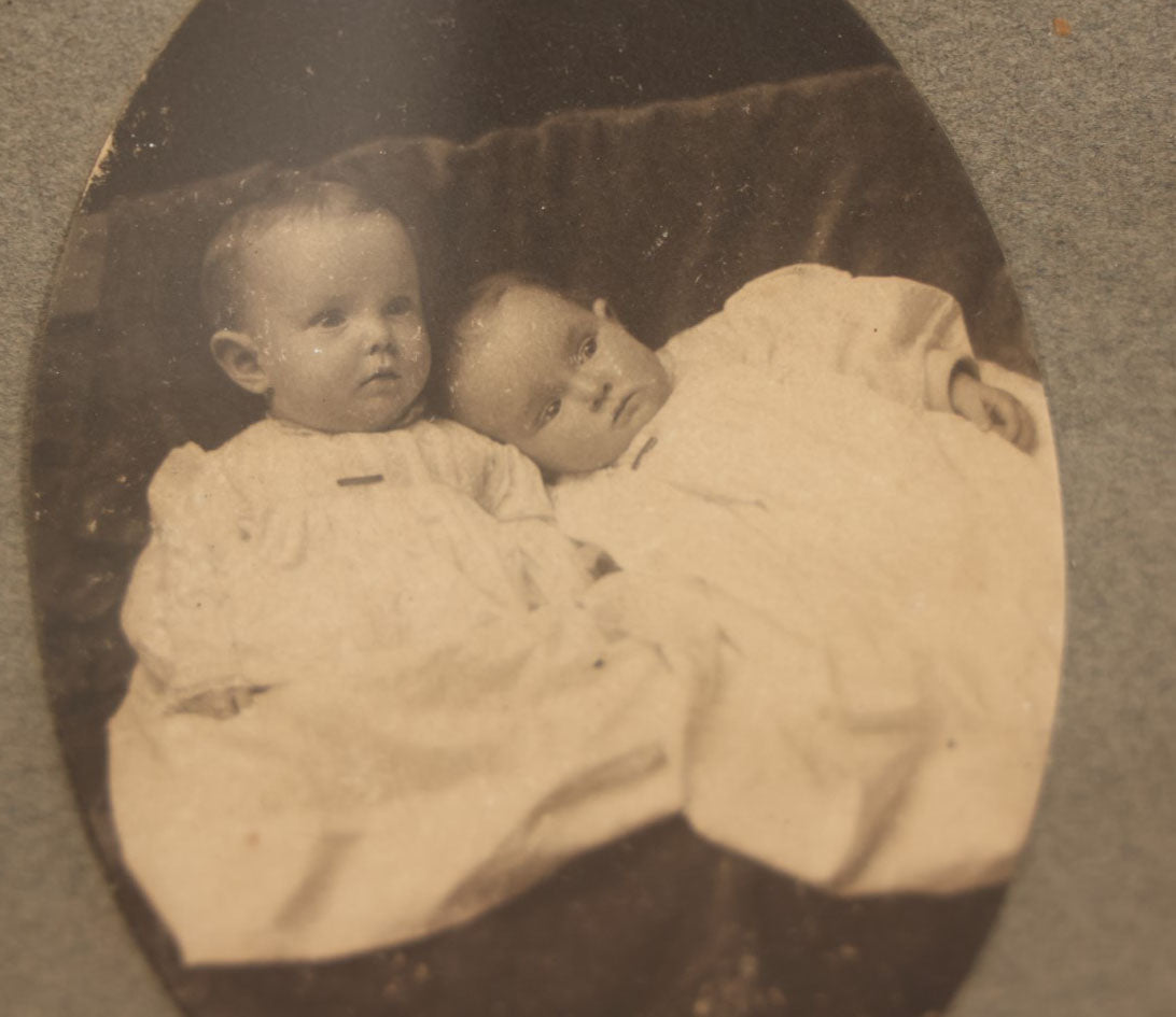 Lot 036 - Antique Boarded Oval Photo Of Two Babies, Likely Twins, In A Carved Oak Leaf Frame