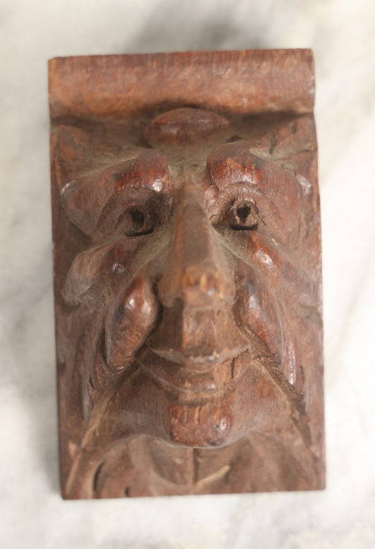 Lot 038 - Small Antique Hand Carved Three Dimensional Wooden Green Man Face Block Furniture Fragment