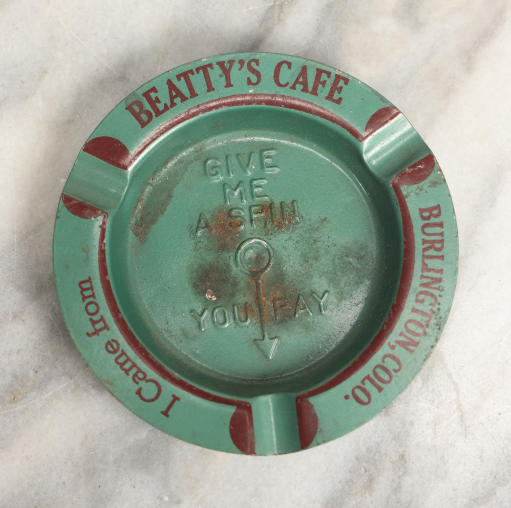 Lot 041 - "I Came From Beatty's Cafe" Spinning Tin Lithographed Tip Tray Coaster, Burlington Colorado