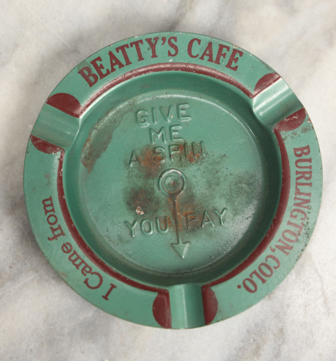 Lot 041 - "I Came From Beatty's Cafe" Spinning Tin Lithographed Tip Tray Coaster, Burlington Colorado