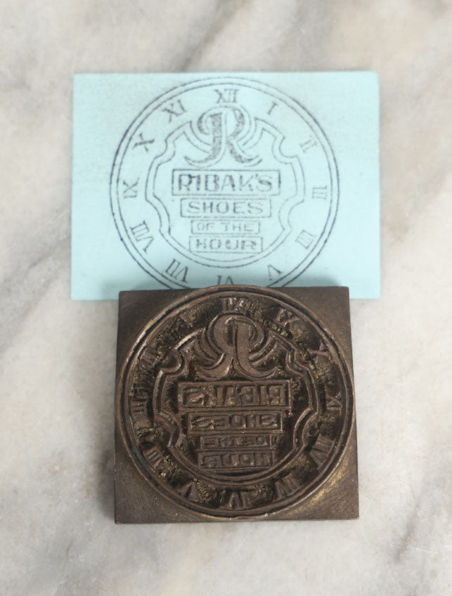 Lot 042 - Antique Ribak's Shoes Of The Hour Printing Press Advertising Block With Clock Motif