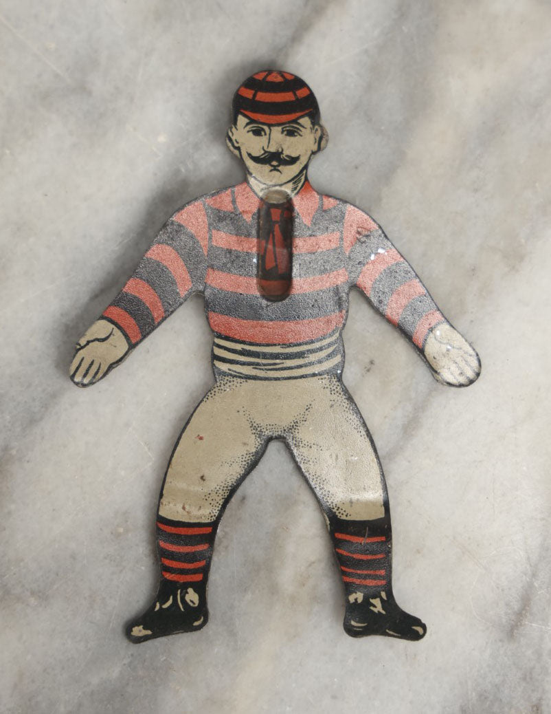 Lot 043 - Grouping Of Four Vintage Tin Lithograph Metal Football Player Game Pieces From Blow Football, Circa 1930