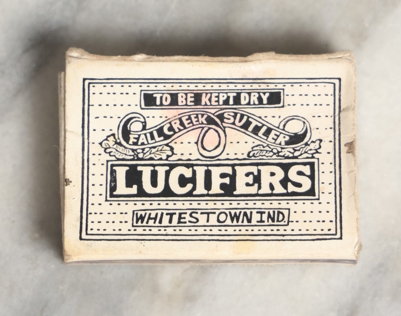 Lot 048 - Vintage Empty Match Box, Lucifers, Fall Creek Sutler, Whitestown, Indiana