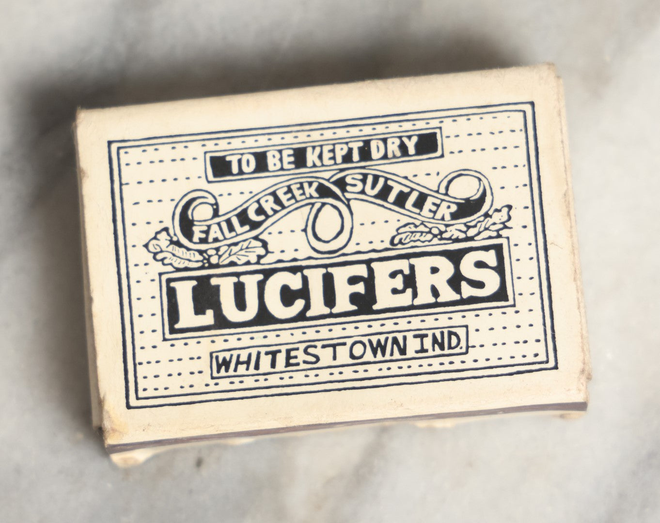 Lot 048 - Vintage Empty Match Box, Lucifers, Fall Creek Sutler, Whitestown, Indiana