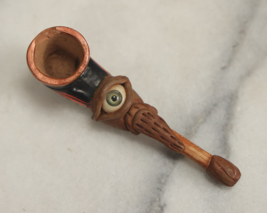 Lot 050 - Vintage Handmade Clay Smoking Pipe With Eyeball, Skull And Crossbones, Psychedelic Design, Note Chip To Rim