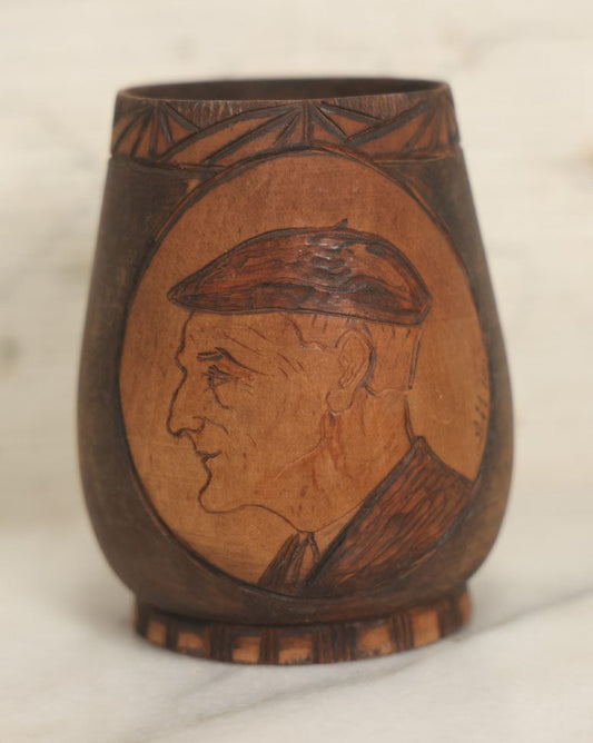 Lot 051 - Antique Folk Art Wood Burned Pyrography Flemish Art Cup With Portrait Of Old Man In Hat In Profile, Artist Signed