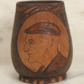 Lot 051 - Antique Folk Art Wood Burned Pyrography Flemish Art Cup With Portrait Of Old Man In Hat In Profile, Artist Signed