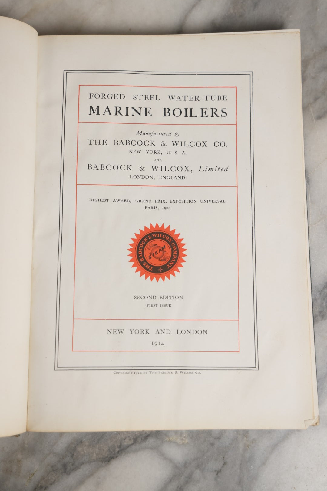 Lot 054 - "Marine Steam: Forged Steel Water-Tube Marine Boilers" Antique Advertising Book From The Babcock & Wilcox Company, New York And London, Second Edition, 1914, With Many Photos Of Ships