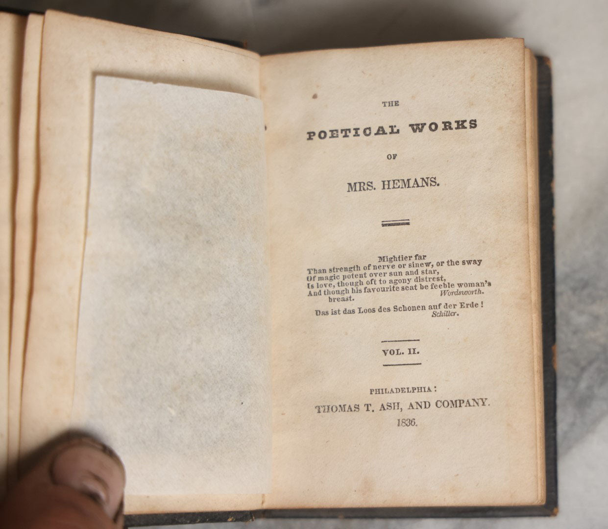 Lot 057 - "The Poetical Works Of Mrs. Hemans" Pair Of Antique Poetry Books, Poetry Of Felicia Dorothea Hemans Volumes I And II, Note Wear, Poems On Death And More