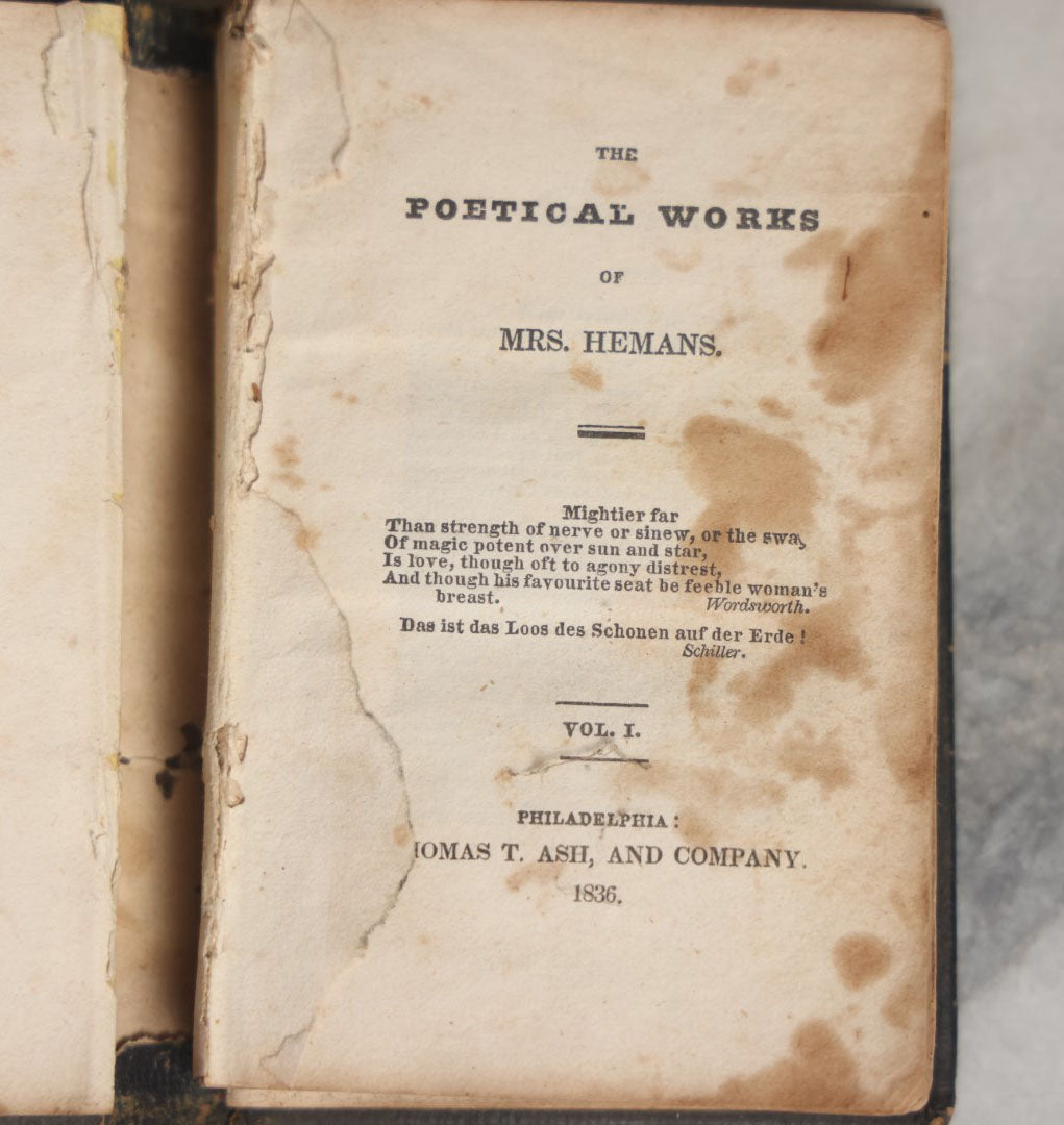 Lot 057 - "The Poetical Works Of Mrs. Hemans" Pair Of Antique Poetry Books, Poetry Of Felicia Dorothea Hemans Volumes I And II, Note Wear, Poems On Death And More