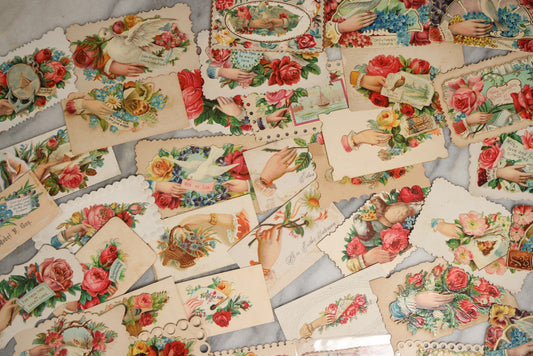 Lot 058 - Grouping Of 30+ Antique Victorian Hand Motif Calling Cards And Die Cuts, Victorian Scraps And More, With Flowers, Saying, And Names