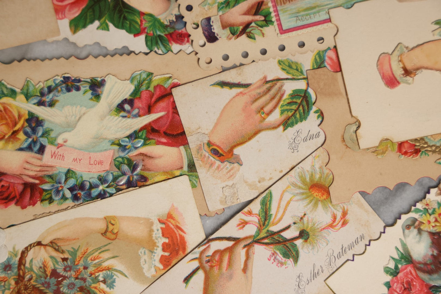 Lot 058 - Grouping Of 30+ Antique Victorian Hand Motif Calling Cards And Die Cuts, Victorian Scraps And More, With Flowers, Saying, And Names