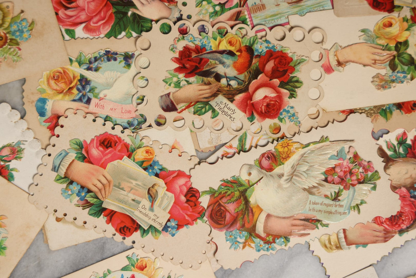 Lot 058 - Grouping Of 30+ Antique Victorian Hand Motif Calling Cards And Die Cuts, Victorian Scraps And More, With Flowers, Saying, And Names