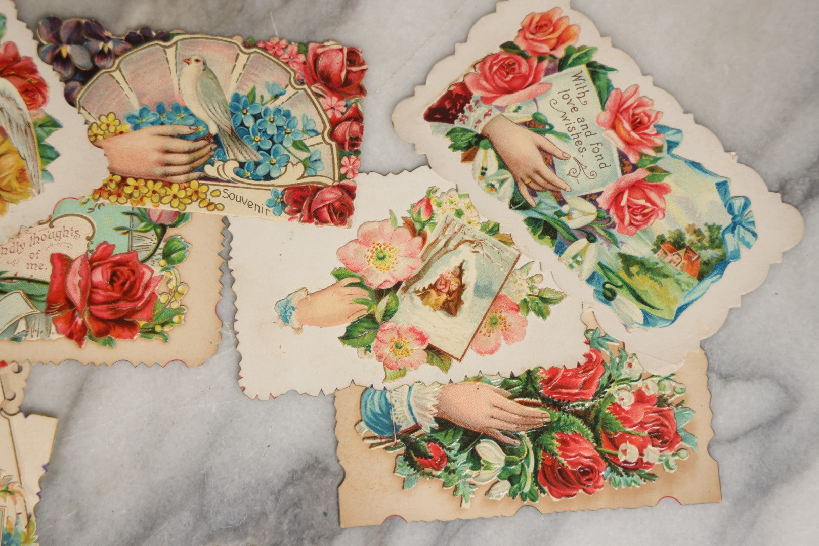 Lot 058 - Grouping Of 30+ Antique Victorian Hand Motif Calling Cards And Die Cuts, Victorian Scraps And More, With Flowers, Saying, And Names